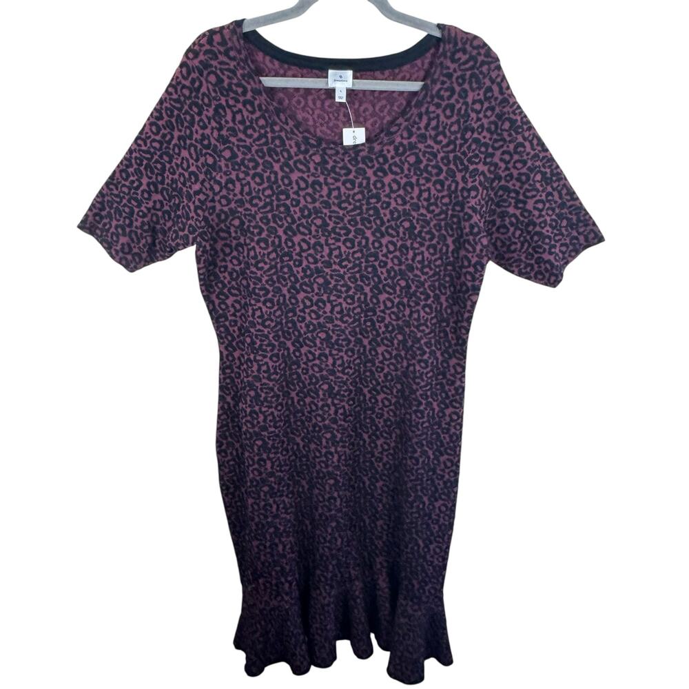 Dressbarn NWT Burgundy Black Leopard Short Sleeve Peplum Hem Midi Dress Size L
